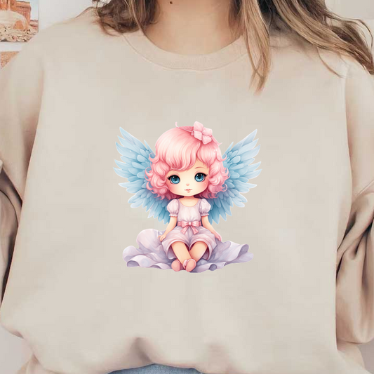 Un encantador personaje angelical de color pastel con cabello rosado esponjoso y delicadas alas azules, sentado con un vestido suelto.