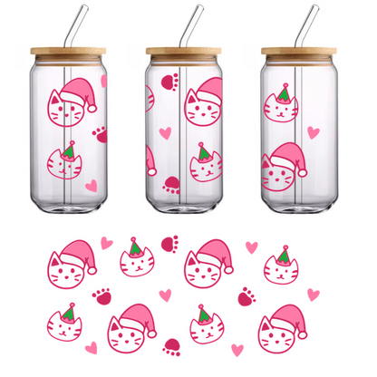 A playful design featuring adorable pink cats in festive hats, complemented by hearts and paw prints, perfect for holiday cheer!UV Transfers dtf prints