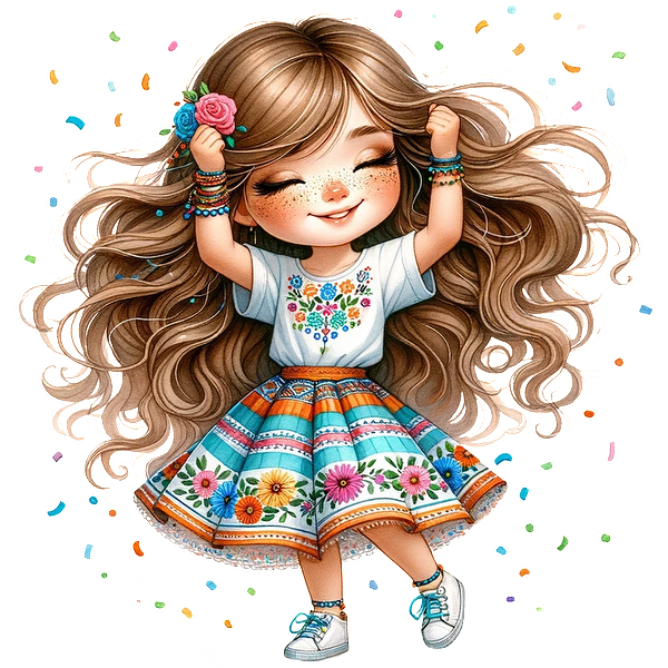 A joyful girl with long, wavy hair dances in a colorful floral skirt and embroidered top, radiating happiness. dtf prints