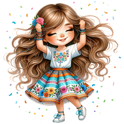 A joyful girl with long, wavy hair dances in a colorful floral skirt and embroidered top, radiating happiness. dtf prints