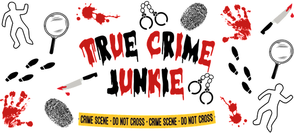 A bold graphic featuring the text "Murder Scene" surrounded by splattered blood, a knife, and warning tape.UV Transfers heat press transfers