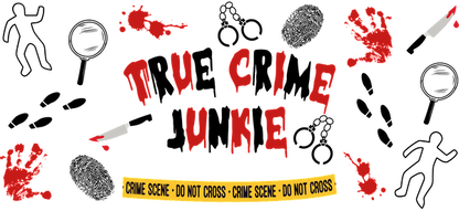 A bold graphic featuring the text "Murder Scene" surrounded by splattered blood, a knife, and warning tape.UV Transfers heat press transfers