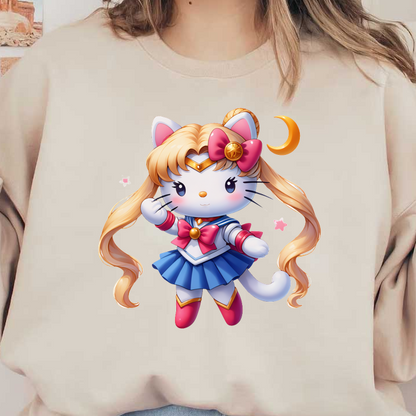 A charming cat character dressed as a sailor warrior, featuring a blue skirt, red bow, and long blonde hair.DTF Transfers heat press transfers