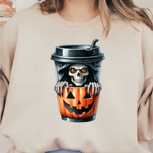 Una espeluznante taza de café con temática de Halloween que presenta una calabaza sonriente y un esqueleto asomándose, perfecta para bebidas festivas.