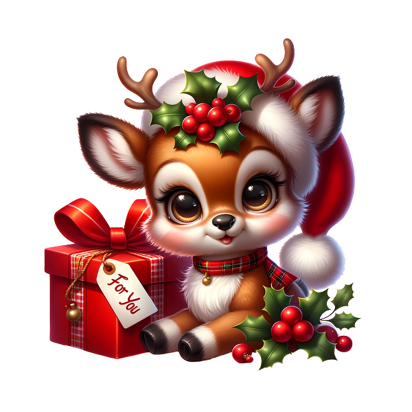 This adorable cartoon reindeer, adorned with a Santa hat and festive holly, sits next to a colorful gift box.