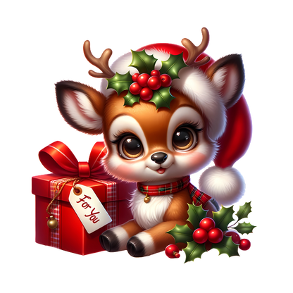 This adorable cartoon reindeer, adorned with a Santa hat and festive holly, sits next to a colorful gift box.