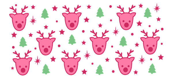 A cheerful pattern featuring pink reindeer heads, green Christmas trees, and festive snowflakes, perfect for holiday decorations!UV Transfers dtf transfers