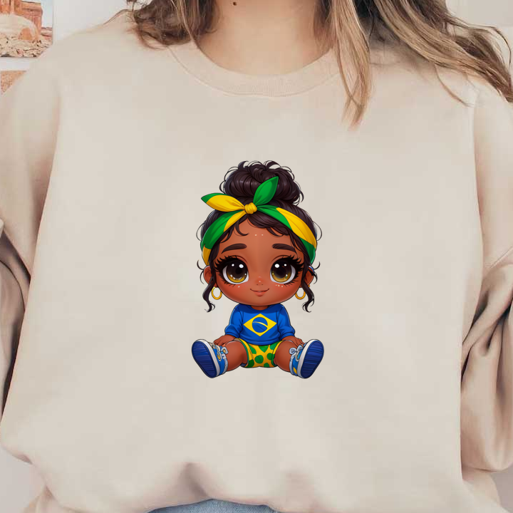 Una linda niña de estilo de dibujos animados se sienta con ojos grandes, vistiendo una camiseta azul con la bandera brasileña y pantalones cortos de color verde y amarillo. Transferencias DTF