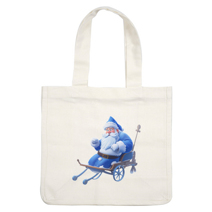 A cheerful, cartoon-style Santa Claus wearing a blue outfit, joyfully riding a vintage sled.DTF Transfers heat press transfers