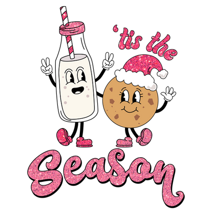 A festive design featuring a cheerful milk carton and a smiling cookie, celebrating the season with playful colors and sparkles. dtf transfers