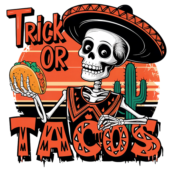 Un esqueleto juguetón con un sombrero sostiene un taco, con un diseño vibrante de "Trick or Tacos" y un fondo de desierto.