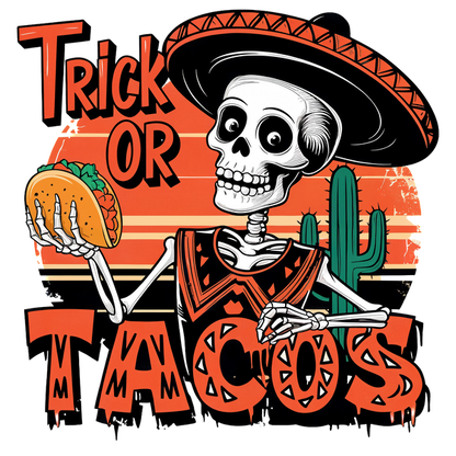 Un esqueleto juguetón con un sombrero sostiene un taco, con un diseño vibrante de "Trick or Tacos" y un fondo de desierto.