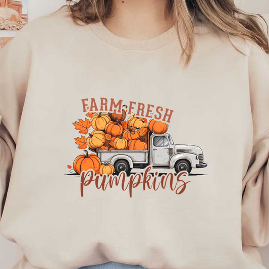 A charming vintage truck brimming with colorful pumpkins and autumn leaves, showcasing a “Farm Fresh Pumpkins” theme. dtf transfers