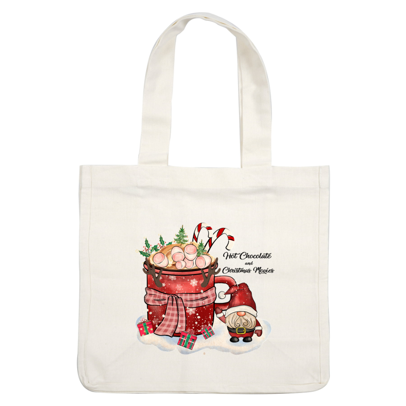 A festive scene featuring a large red mug overflowing with marshmallows, candy canes, and a jolly gnome beside colorful gifts. heat press transfers