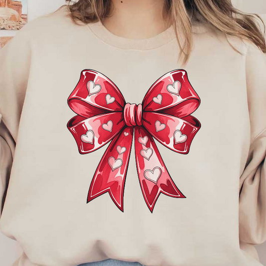 A vibrant red bow adorned with cute pink and white hearts, perfect for adding a touch of love to gifts or decorations.DTF Transfers