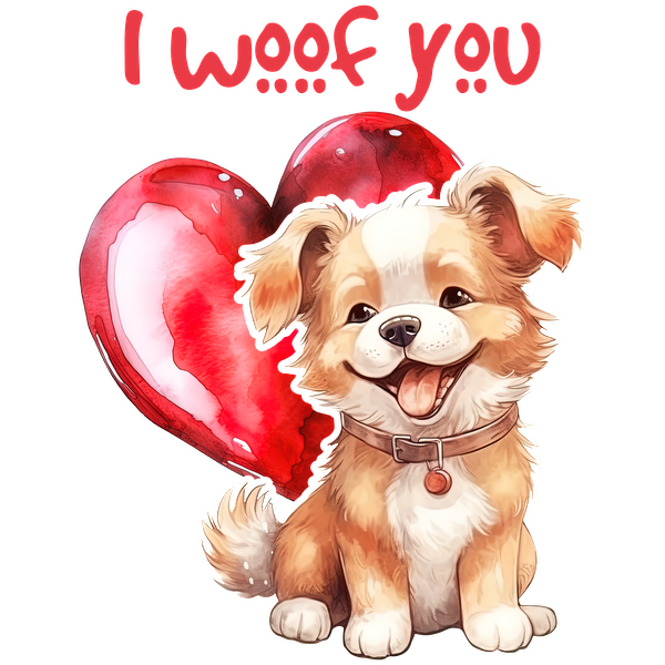 Una linda ilustración de un perro sonriente sentado junto a un corazón rojo, con el texto divertido "I woof you".