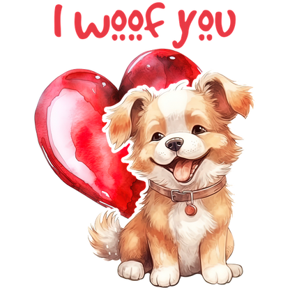 Una linda ilustración de un perro sonriente sentado junto a un corazón rojo, con el texto divertido "I woof you".