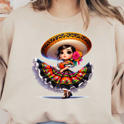 A charming young girl dances in a vibrant traditional dress with a colorful floral pattern, large sombrero, and stylish accessories. heat press transfers