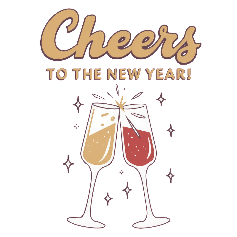 Celebrate the New Year with a festive toast featuring two sparkling champagne glasses, surrounded by celebratory stars!DTF Transfers