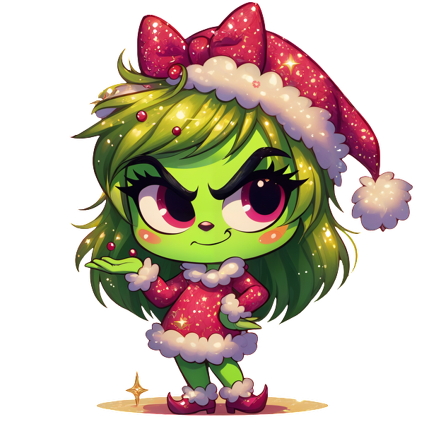 This playful character features festive green skin, a sparkly red dress with white trim, and a cheerful Santa hat.DTF Transfers