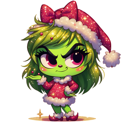 This playful character features festive green skin, a sparkly red dress with white trim, and a cheerful Santa hat.DTF Transfers