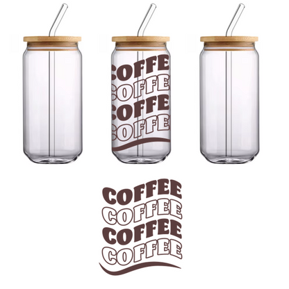 Bold and playful typography featuring the word "COFFEE" in a stacked, wavy design, perfect for coffee lovers.UV Transfers heat press transfers