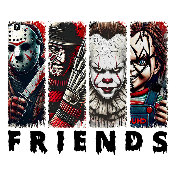 A colorful illustration featuring iconic horror characters: Jason Voorhees, Freddy Krueger, Pennywise, and Chucky, all in a chilling style. dtf transfers