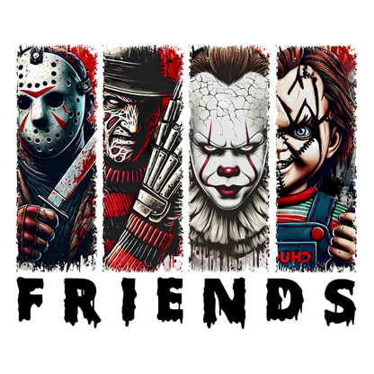 A colorful illustration featuring iconic horror characters: Jason Voorhees, Freddy Krueger, Pennywise, and Chucky, all in a chilling style. dtf transfers