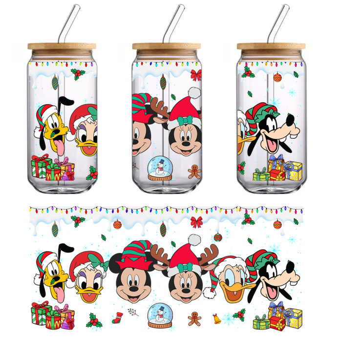 Celebrate the holiday spirit with this festive illustration featuring beloved Disney characters wearing fun Christmas hats and surrounded by presents!UV Transfersdtf regular iron