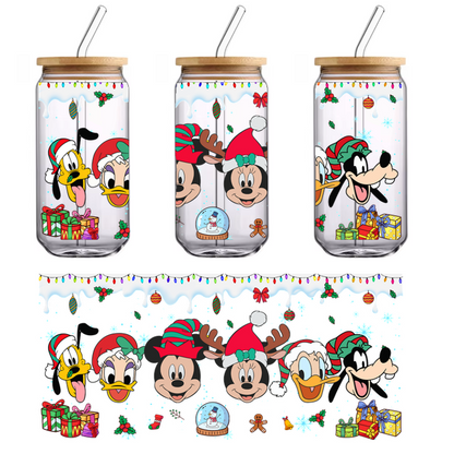 Celebrate the holiday spirit with this festive illustration featuring beloved Disney characters wearing fun Christmas hats and surrounded by presents!UV Transfersdtf regular iron