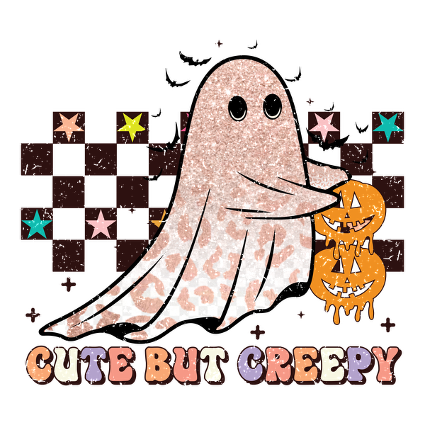 A whimsical ghost holding dripping pumpkins, adorned with glitter and surrounded by colorful stars, highlights the phrase "Cute but Creepy."dtf regular iron