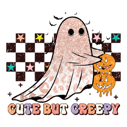 A whimsical ghost holding dripping pumpkins, adorned with glitter and surrounded by colorful stars, highlights the phrase "Cute but Creepy."dtf regular iron