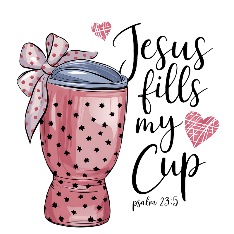 A charming pink tumbler with stars, topped with a blue lid and a bow, celebrates the message "Jesus fills my Cup."DTF Transfers