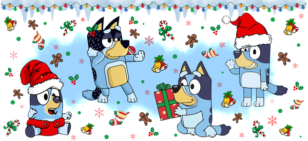 Celebrate the holiday season with these adorable cartoon puppies, all wearing festive Santa hats and surrounded by Christmas cheer!UV Transfers dtf transfers