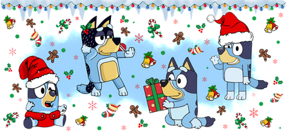 Celebrate the holiday season with these adorable cartoon puppies, all wearing festive Santa hats and surrounded by Christmas cheer!UV Transfers dtf transfers