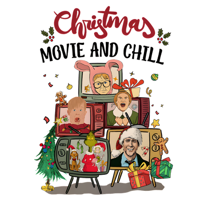 Cozy up for the holidays with this fun "Christmas Movie and Chill" graphic featuring retro TVs and festive characters!DTF Transfers dtf transfers dtf transfers