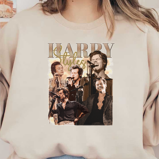 A vibrant collage of Harry Styles performing, showcasing his dynamic stage presence and stylish outfits in various expressive poses.DTF Transfers dtf transfers