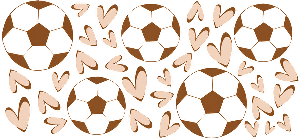 A playful pattern featuring brown soccer balls surrounded by light-colored hearts, symbolizing a love for the game.UV Transfers dtf transfers