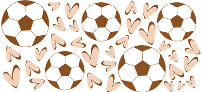 A playful pattern featuring brown soccer balls surrounded by light-colored hearts, symbolizing a love for the game.UV Transfers dtf transfers