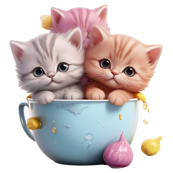 Tres adorables gatitos, uno gris, uno naranja y uno rosado, se asoman juguetonamente de una taza de té azul rodeada de gotas de colores.