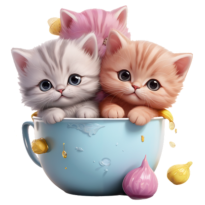 Tres adorables gatitos, uno gris, uno naranja y uno rosado, se asoman juguetonamente de una taza de té azul rodeada de gotas de colores.