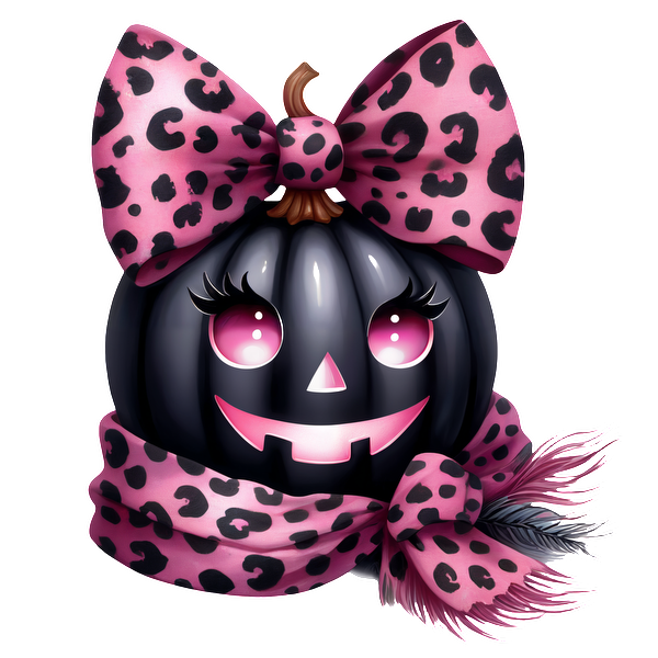 ¡Esta linda calabaza negra presenta divertidos accesorios con estampado de leopardo rosa, incluido un lazo grande y una bufanda acogedora, perfecta para Halloween!