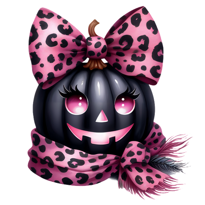 ¡Esta linda calabaza negra presenta divertidos accesorios con estampado de leopardo rosa, incluido un lazo grande y una bufanda acogedora, perfecta para Halloween!