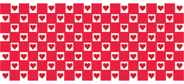 Un patrón vibrante de corazones rojos sobre un fondo rojo más profundo, creando un diseño alegre y romántico. Transferencias UV