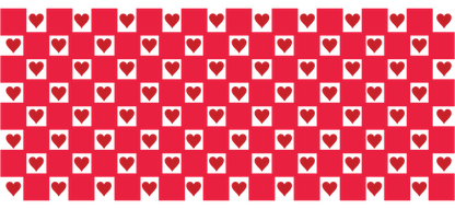 Un patrón vibrante de corazones rojos sobre un fondo rojo más profundo, creando un diseño alegre y romántico. Transferencias UV