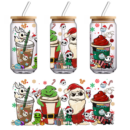 A whimsical holiday-themed design featuring festive characters in Santa hats alongside creatively decorated coffee cups, perfect for seasonal cheer!UV Transfersdtf regular iron