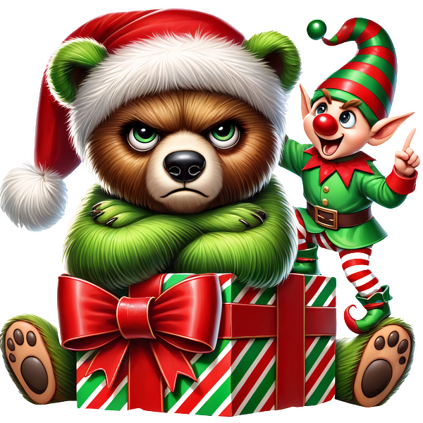 A grumpy bear wearing a Santa hat sits on a gift, while a cheerful elf playfully gestures beside him.DTF Transfers heat press transfers