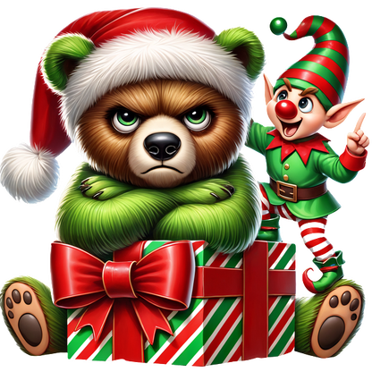 A grumpy bear wearing a Santa hat sits on a gift, while a cheerful elf playfully gestures beside him.DTF Transfers heat press transfers