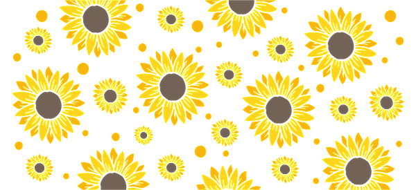 A vibrant pattern of sunflowers in bright yellow and brown, set against a contrasting dark background.UV Transfers dtf transfers