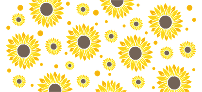 A vibrant pattern of sunflowers in bright yellow and brown, set against a contrasting dark background.UV Transfers dtf transfers